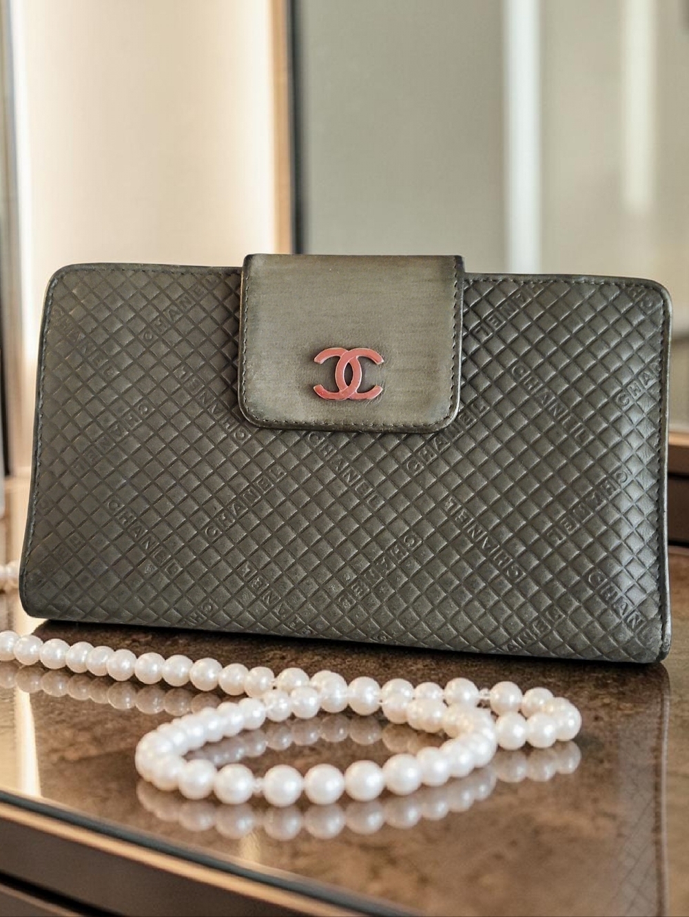 CHANEL Quilted Metallic Taupe CC Snap Wallet